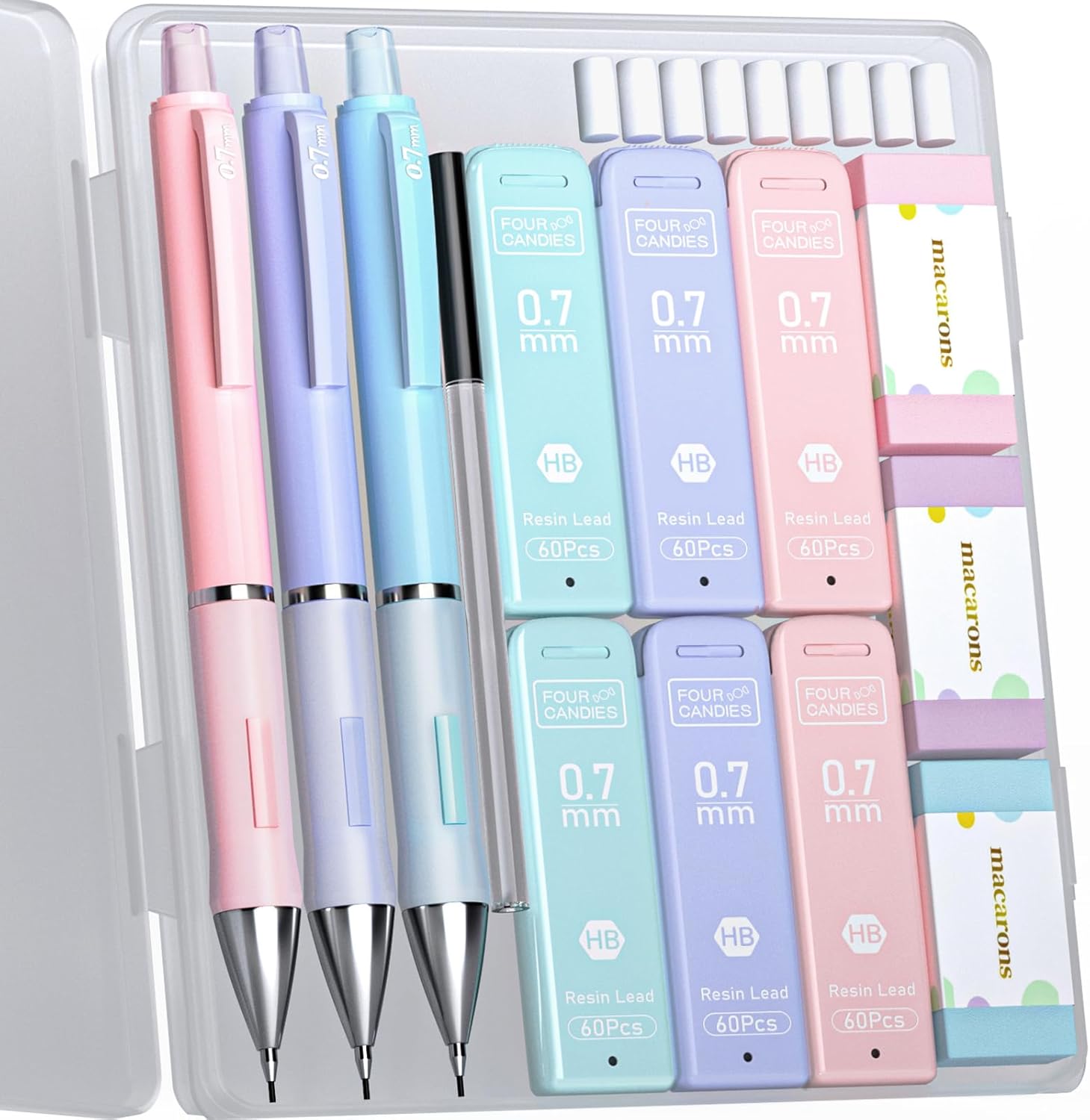 Four Candies Pastel Mechanical Pencil Set 0.7mm, with HB #2 Lead Refills, Cute E...