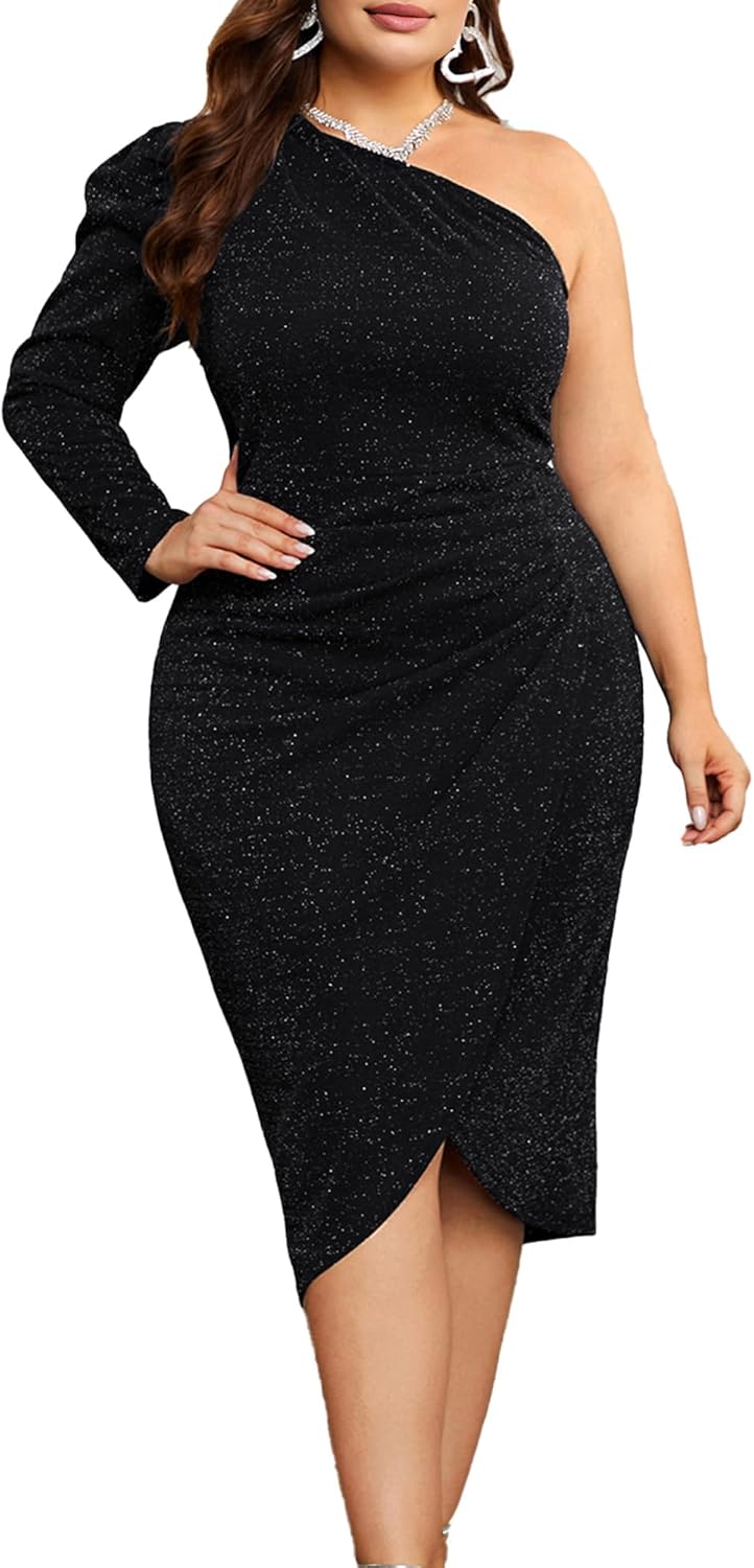 KIMCURVY Dress, Unique Women's Plus Size One Shoulder Glitter Dress, Sparkly Coc...