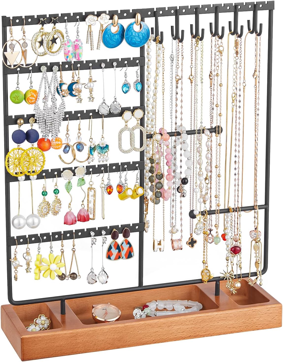X-cosrack Earring Holder,5-Tier Ear Stud Holder with Wooden Tray,Jewelry Organiz...