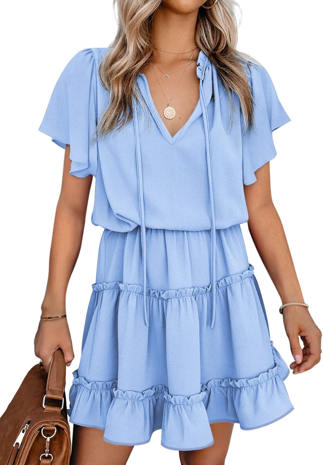 Dokotoo Womens Dress, Elegant Short Sleeve Dress With Split V Neck, Stylish Ruff...