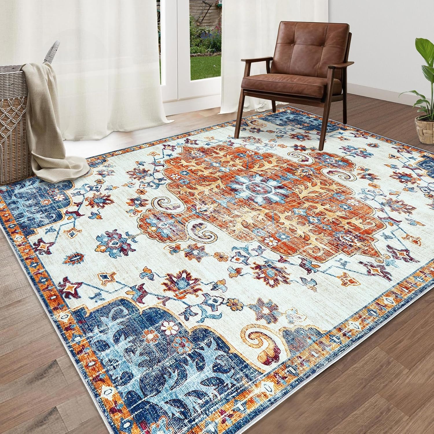 Area Rug 5x7 Living Room Rugs - Large Washable Vintage Floral Boho Area Rug Non-...