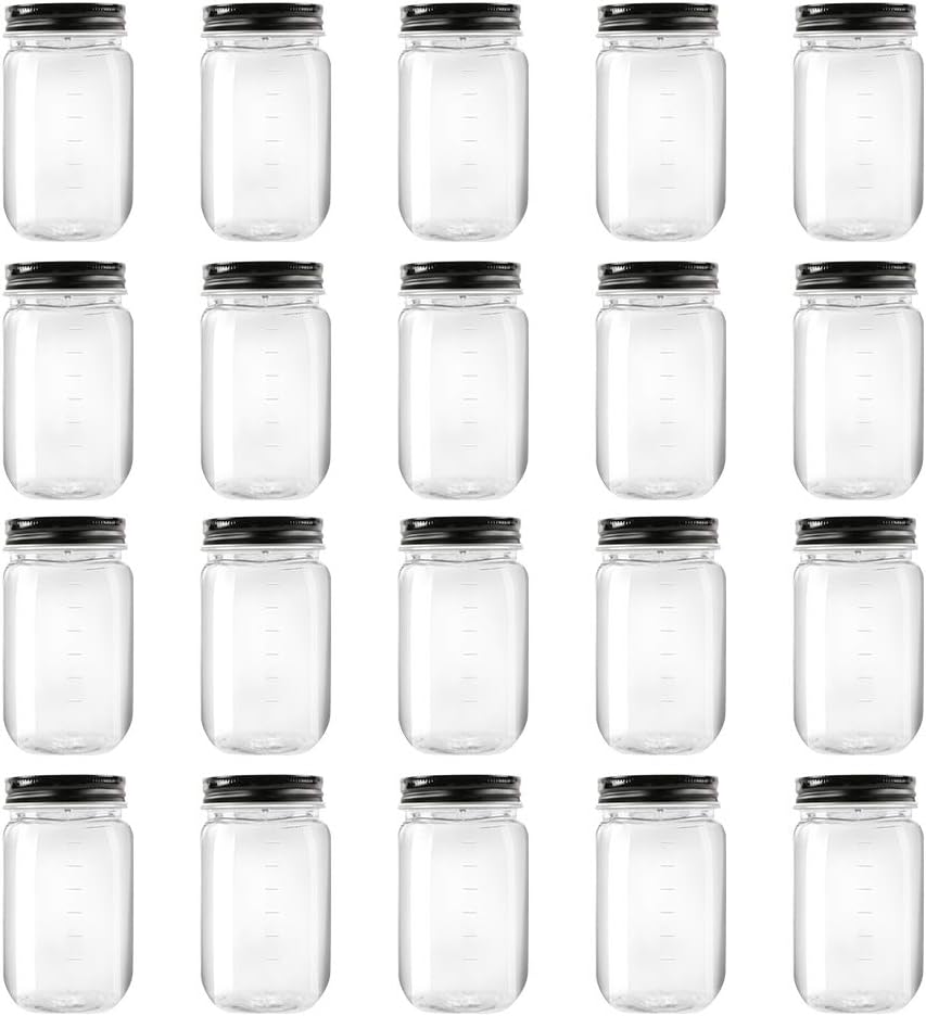 novelinks 16 Ounce Clear Plastic Jars with Black Lids - Refillable Round Clear C...
