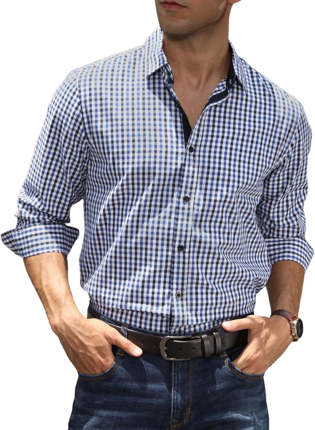 Elegancity Mens Dress Shirt Plaid Cotton Business Formal Shirts Regular-Fit Wrin...