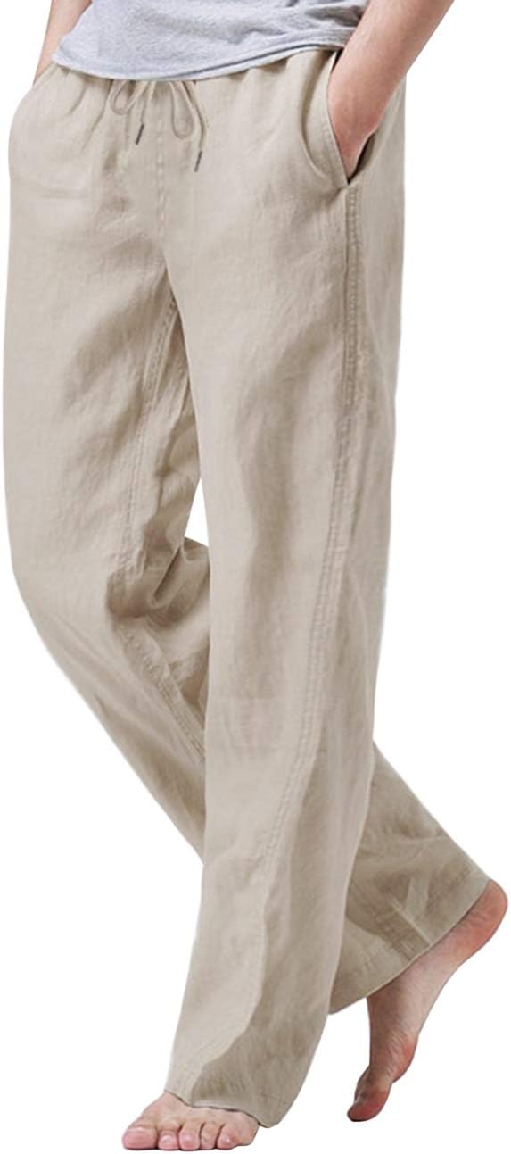 iWoo Mens Cotton Linen Drawstring Pants Elastic Waist Casual Jogger Yoga Pants K...