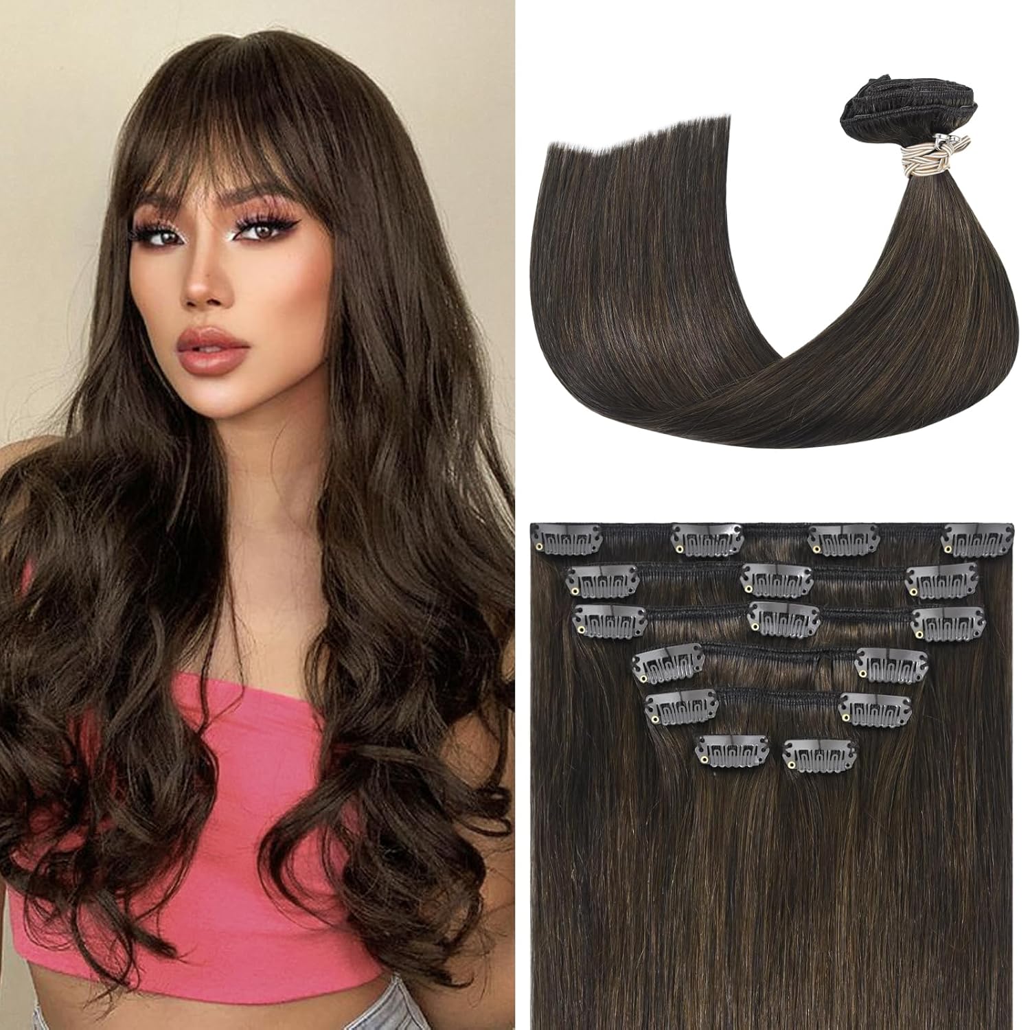 Aison Medium Brown Clip in Hair Extensions Real Human Hair 70G Chocolate Brown 1...