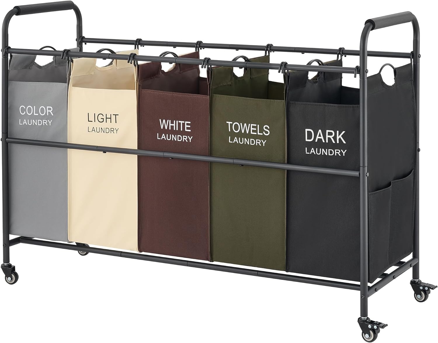 Tajsoon 5 Bag Laundry Sorter Cart, 5 Section Laundry Hamper Sorter with Heavy Du...