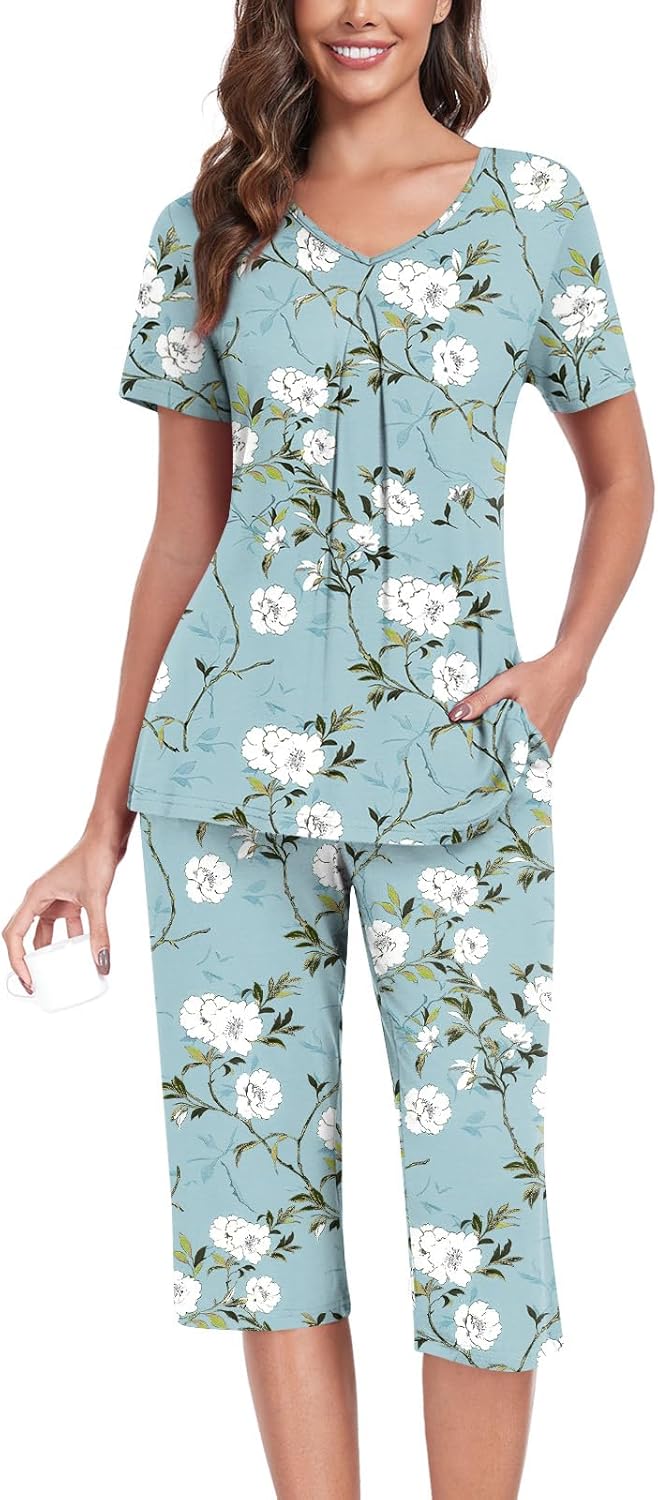 Anyally Women's Summer Pajama Set Short Sleeve Shirt and Capri Pants 2 Piece Sle...