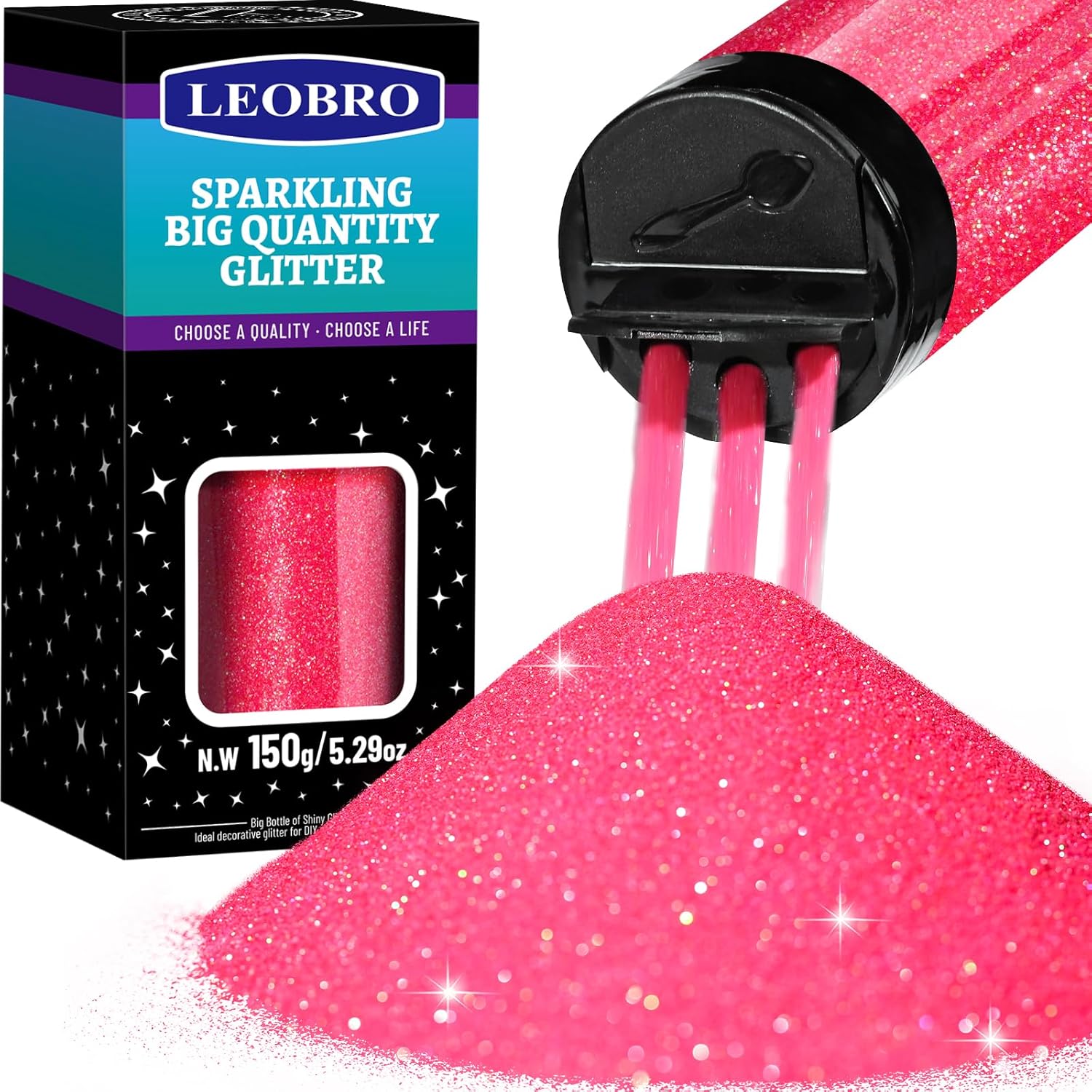 LEOBRO Pink Glitter, Iridescent Glitter 150G/5.29OZ Iridescent Fluorescent Pink...