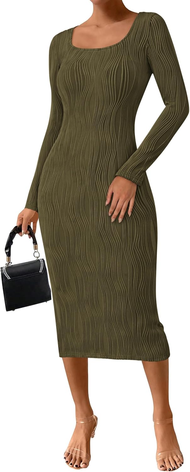 PRETTYGARDEN Women's Dress 2024 Fall Long Sleeve Square Neck Fitted Knit Midi Pa...