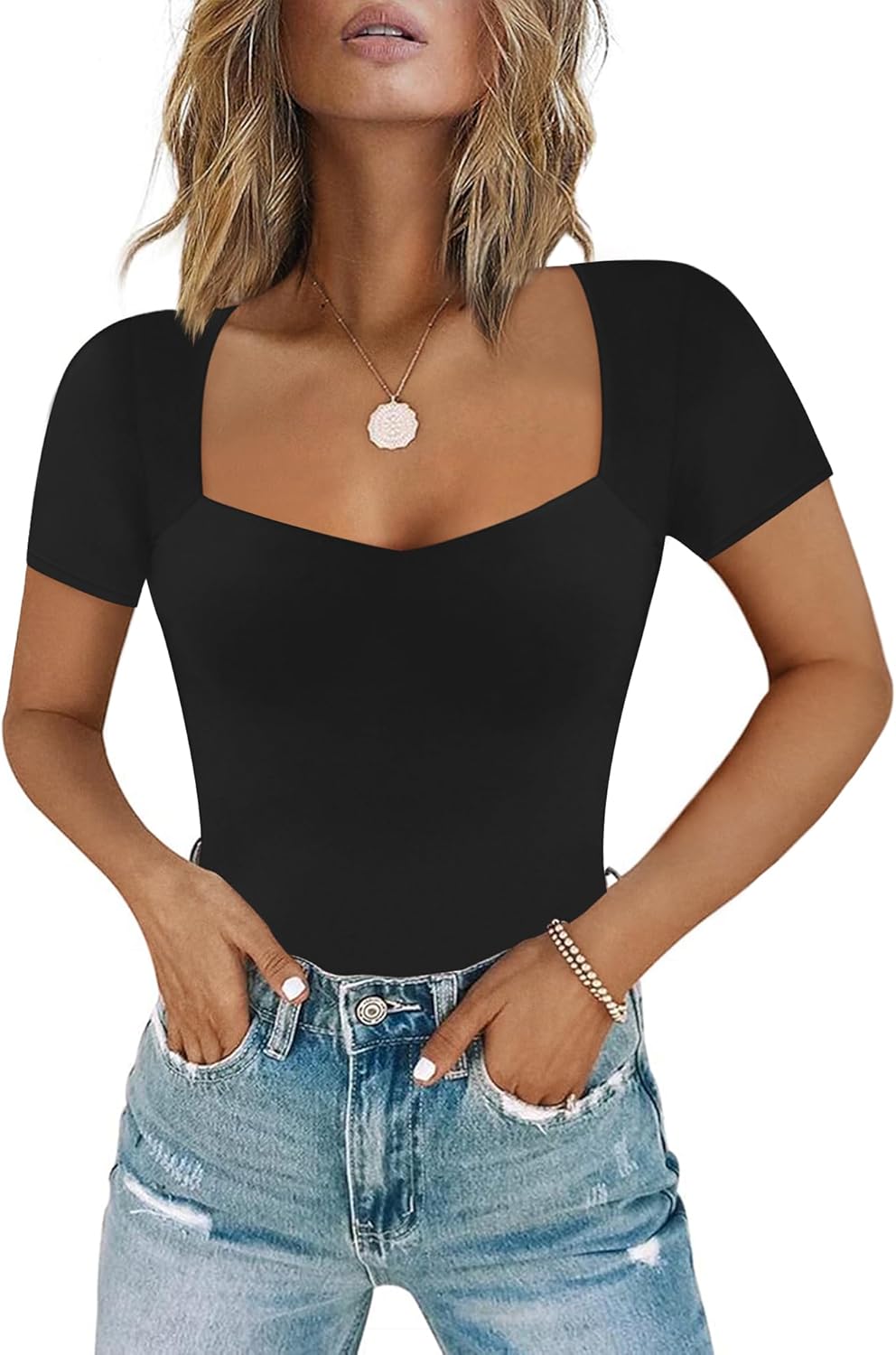 Chunpin Women's Sexy Square Neck Long Sleeve Bodysuit Double Lined Tops Thong Bo...