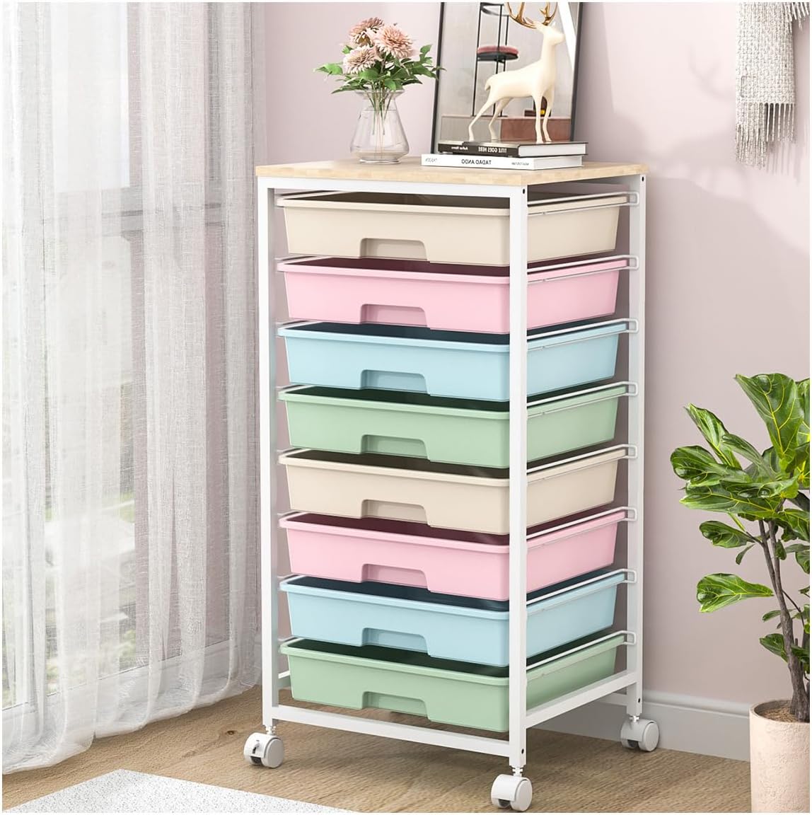 Rolling Storage Cart with Drawers,Utility Cart with 8 Drawers and Wooden Tableto...