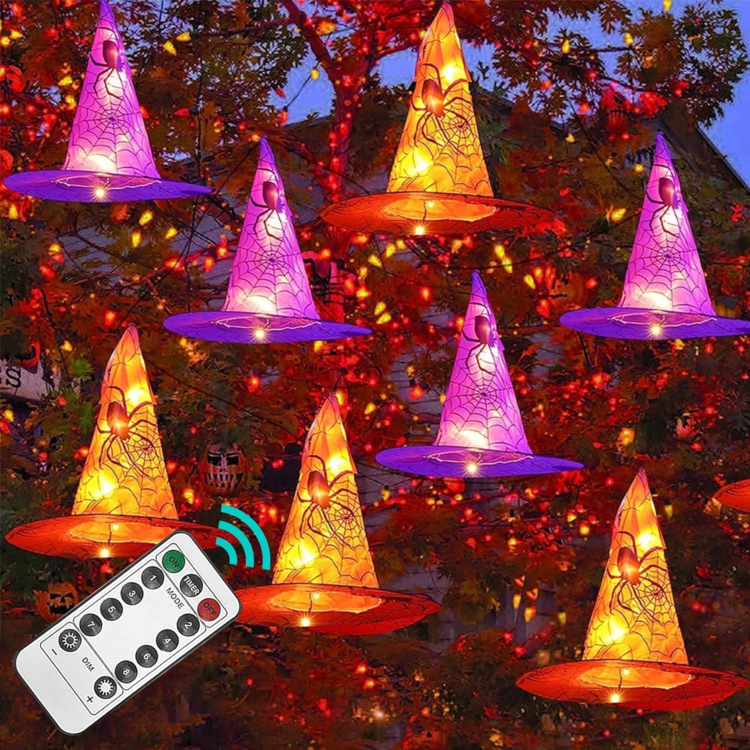 Funpeny Halloween Decoration Lights, 8 PCS Waterproof Hanging Witch Hat with Str...