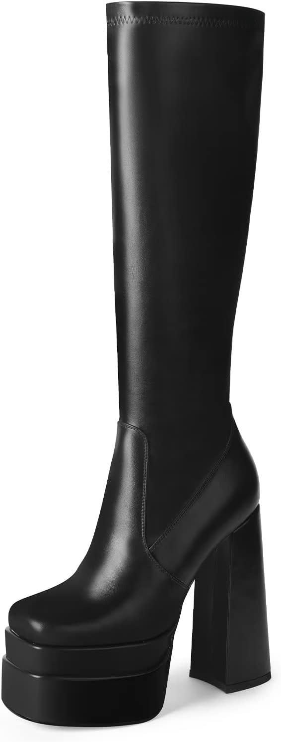 wetkiss Stacked Platform Knee High Boots for Women With High Chunky Heel, Gogo B...