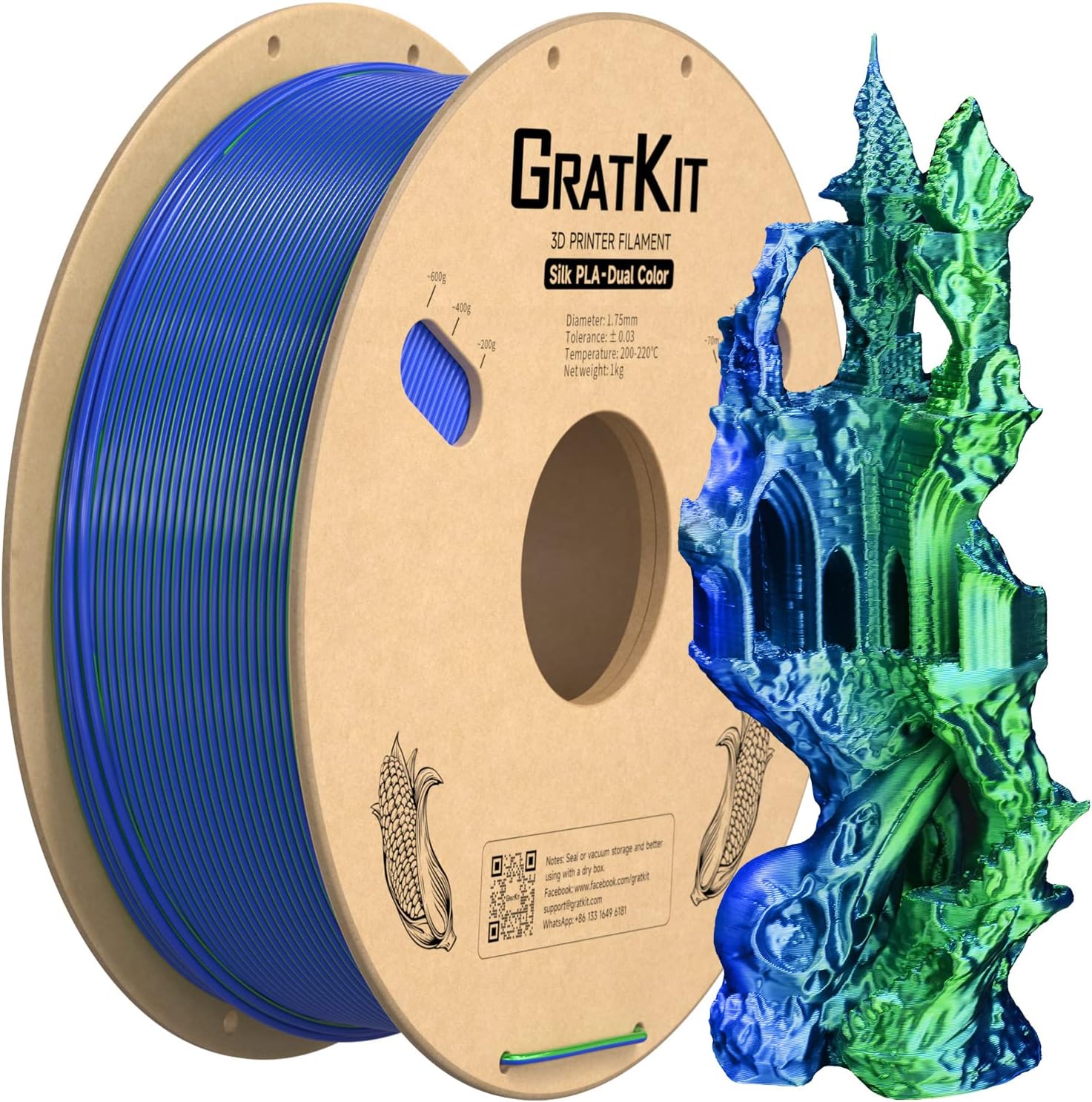 Gratkit Silk Dual Color PLA Filament, Coextrusion PLA Filament 1.75mm, -0.03mm,...