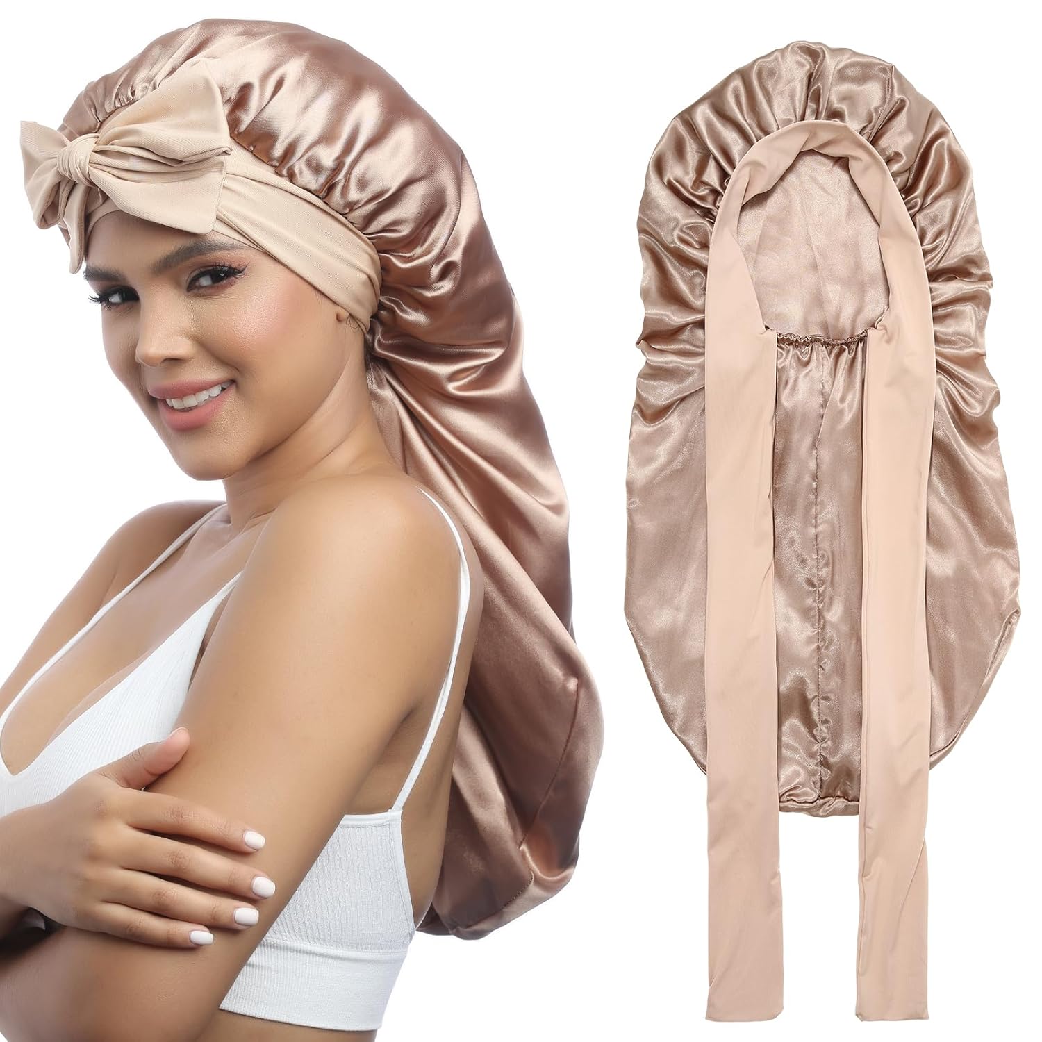 AWAYTR Long Satin Bonnet for Women - Double Layer Elastic Silk Bonnet for Braids...