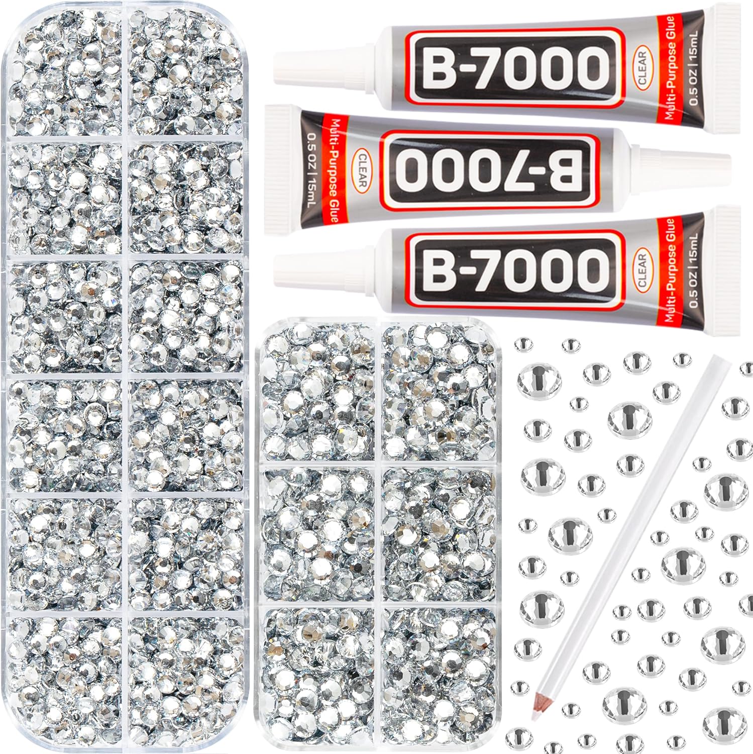 b7000 Glue with 7500Pcs Clear Silver Rhinestones for Crafts Clothes Clothing Fab...