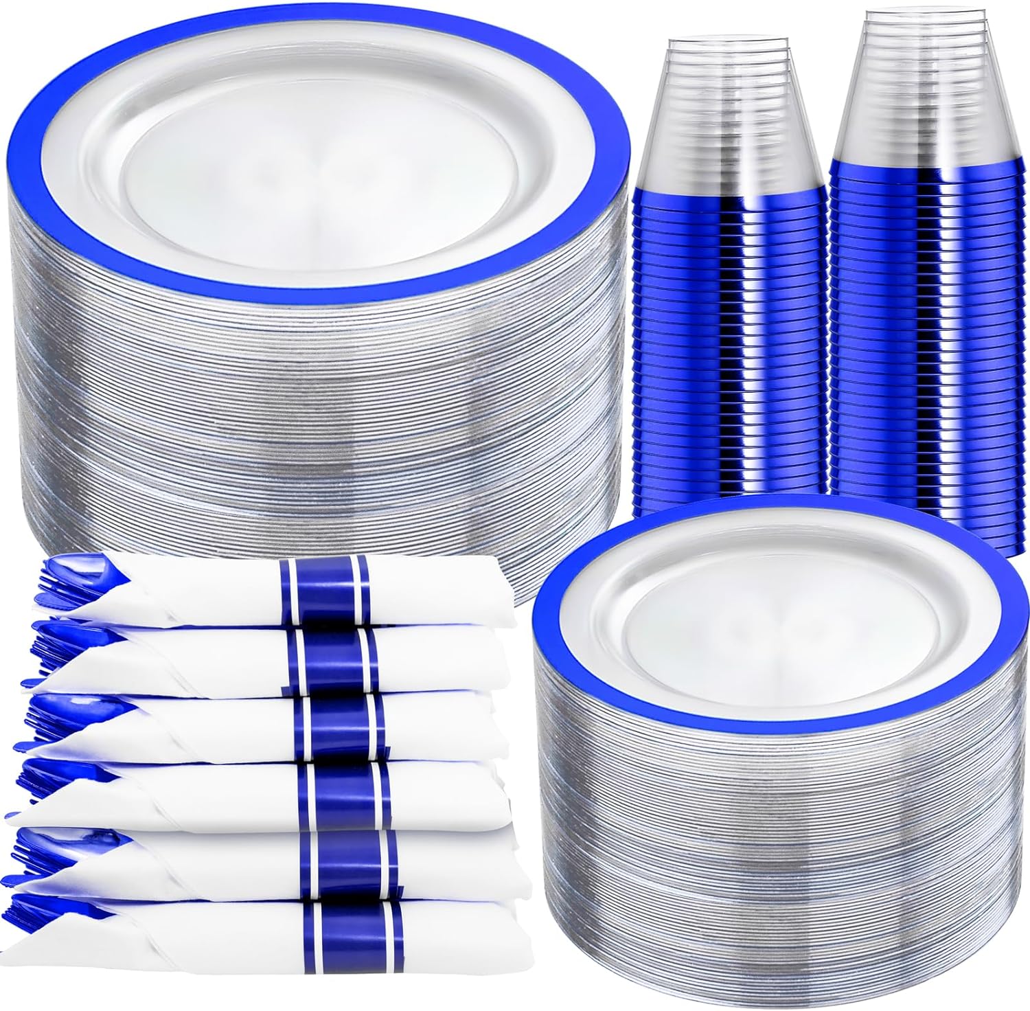 I00000 350 Pcs Dark Clear and Blue Plastic Plates, Clear Blue Disposable Dinnerw...