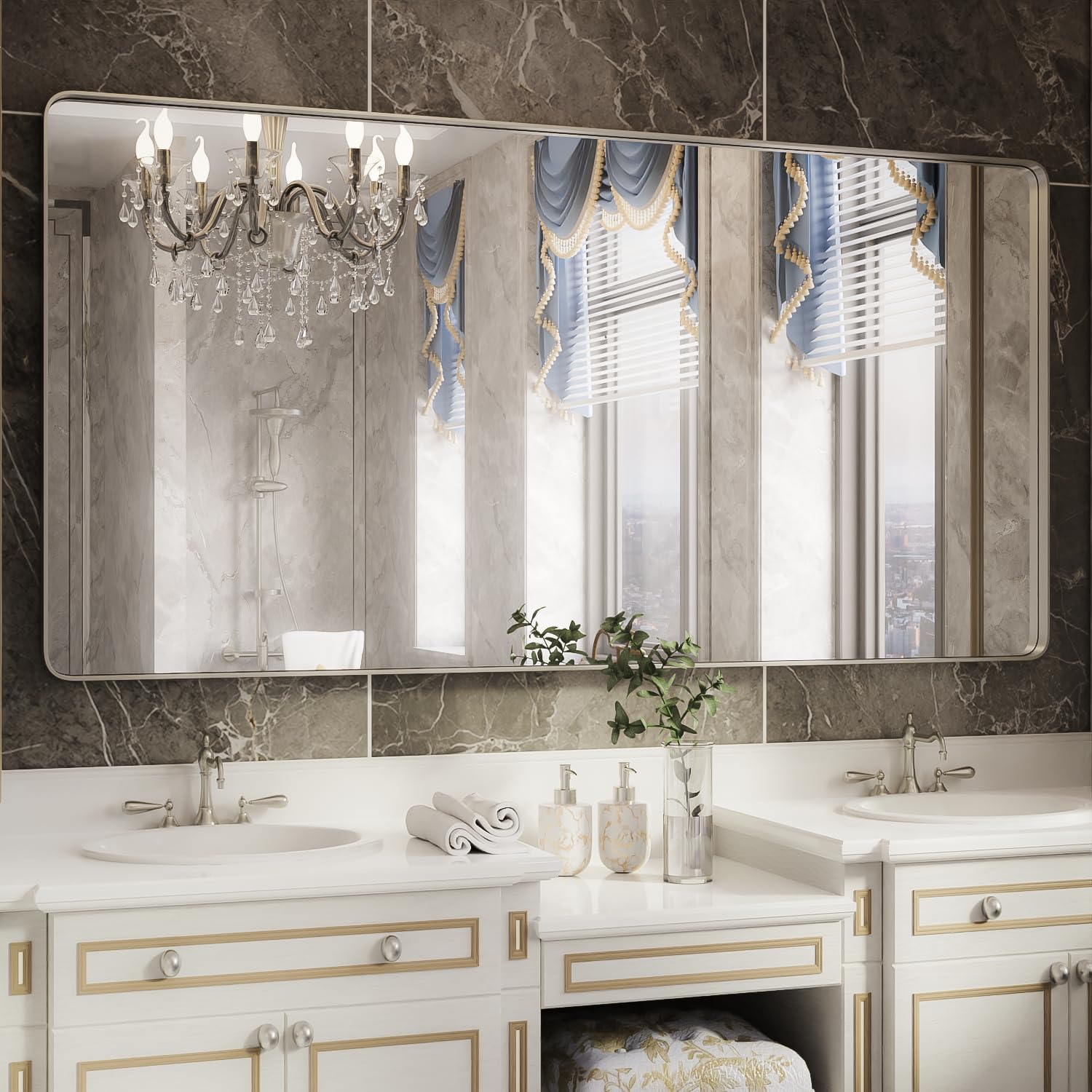 ISKM Large Silver Wall Mirror, 72 x 36 Inch Metal Silver Frame Mirror for Bathro...