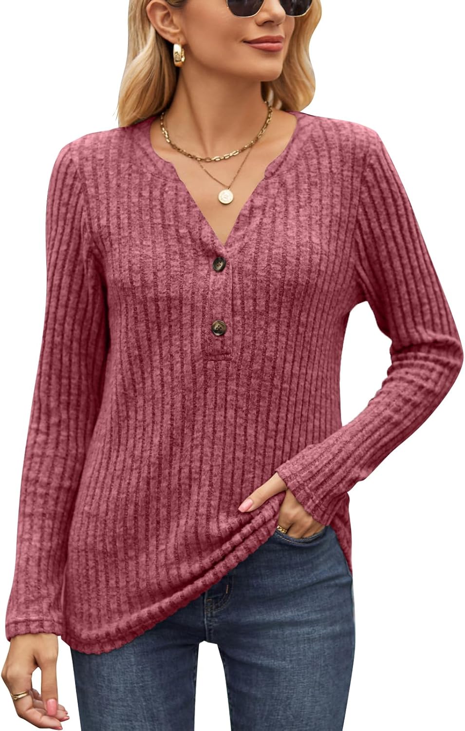 Akiooue Womens Long Sleeve Tops Casual V Neck Jumpers Ladies Solid Lightwight Kn...