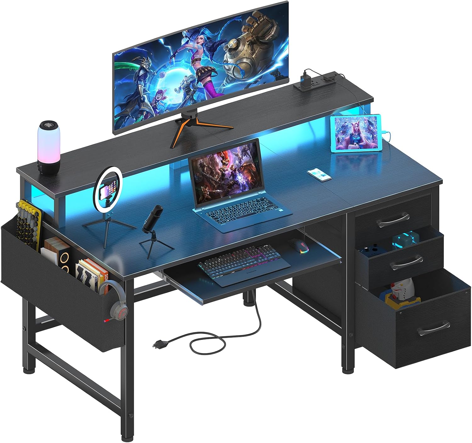 Lufeiya Gaming Desk with LED Lights and Power Outlets, 47 Inch Home Office Desks...