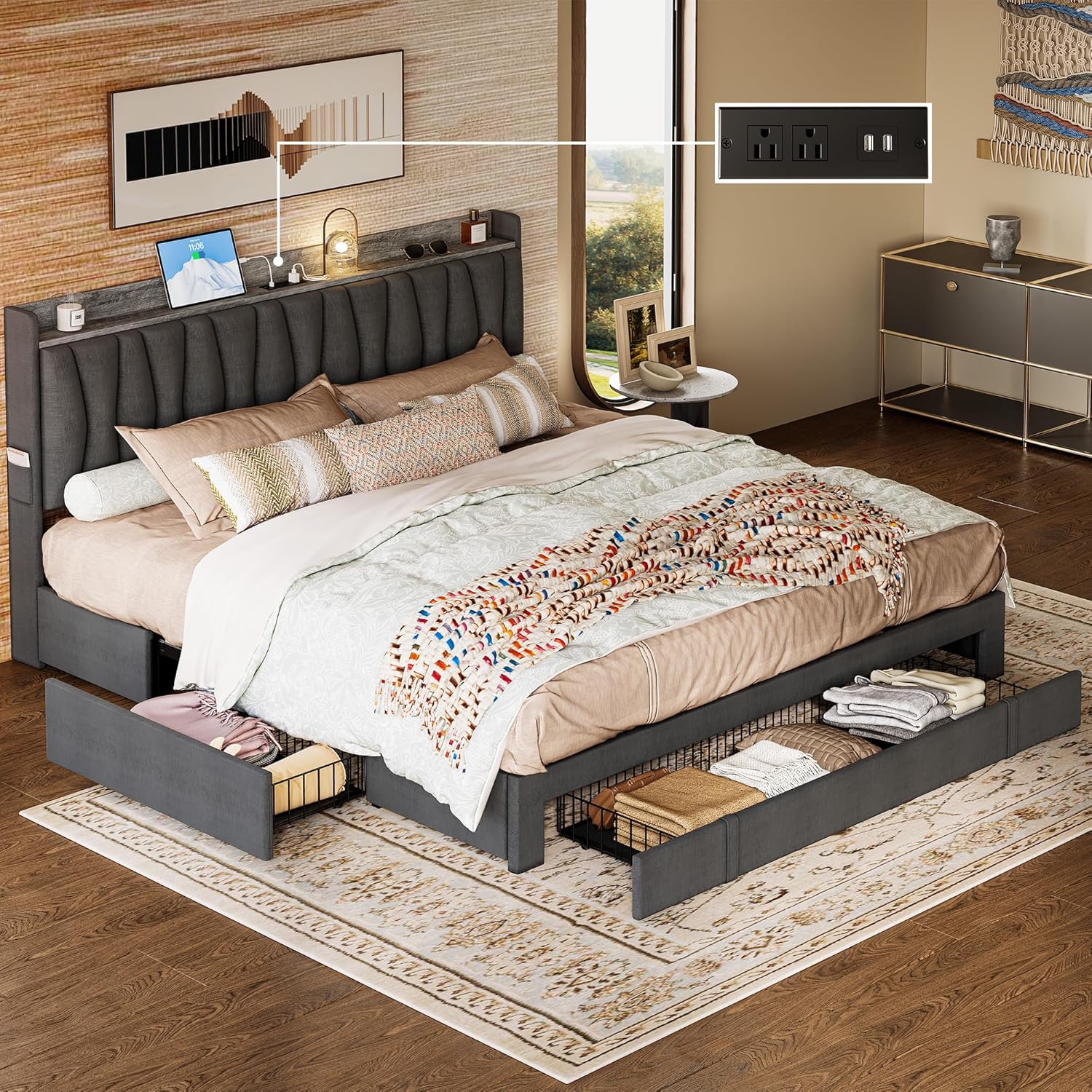 ANCTOR King Size Bed Frame with Storage Headboard and Charging Station, Upholste...