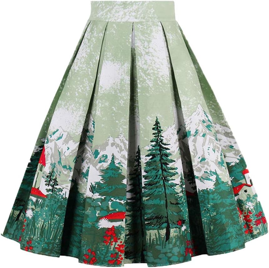 OBBUE Dresstore Vintage Pleated Skirt Floral A-line Printed Midi Skirts with Poc...