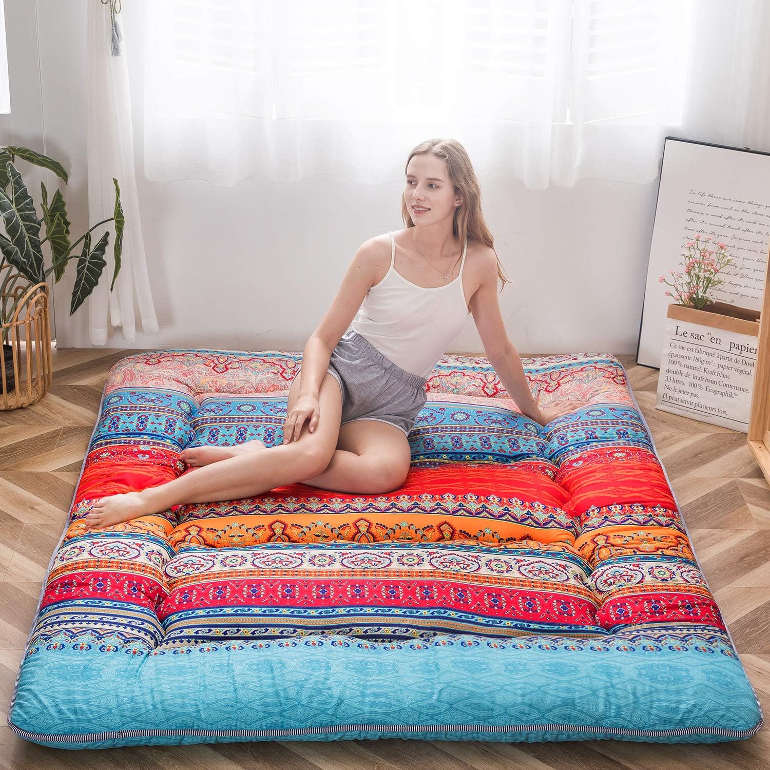 Unique MAXYOYO Bohemian Retro Floor Mattress, Special Vintage Floral Japanese Fu...