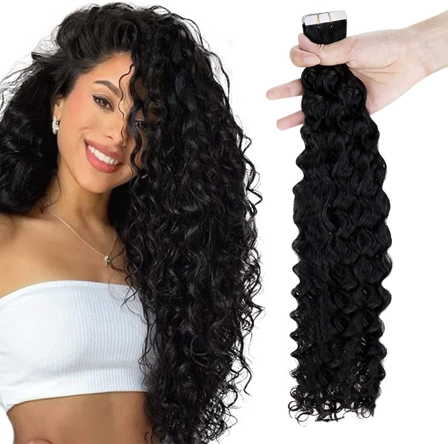 RUNATURE Curly Tape in Hair Extensions Off Black Human Hair Tape in Natural Wavy...