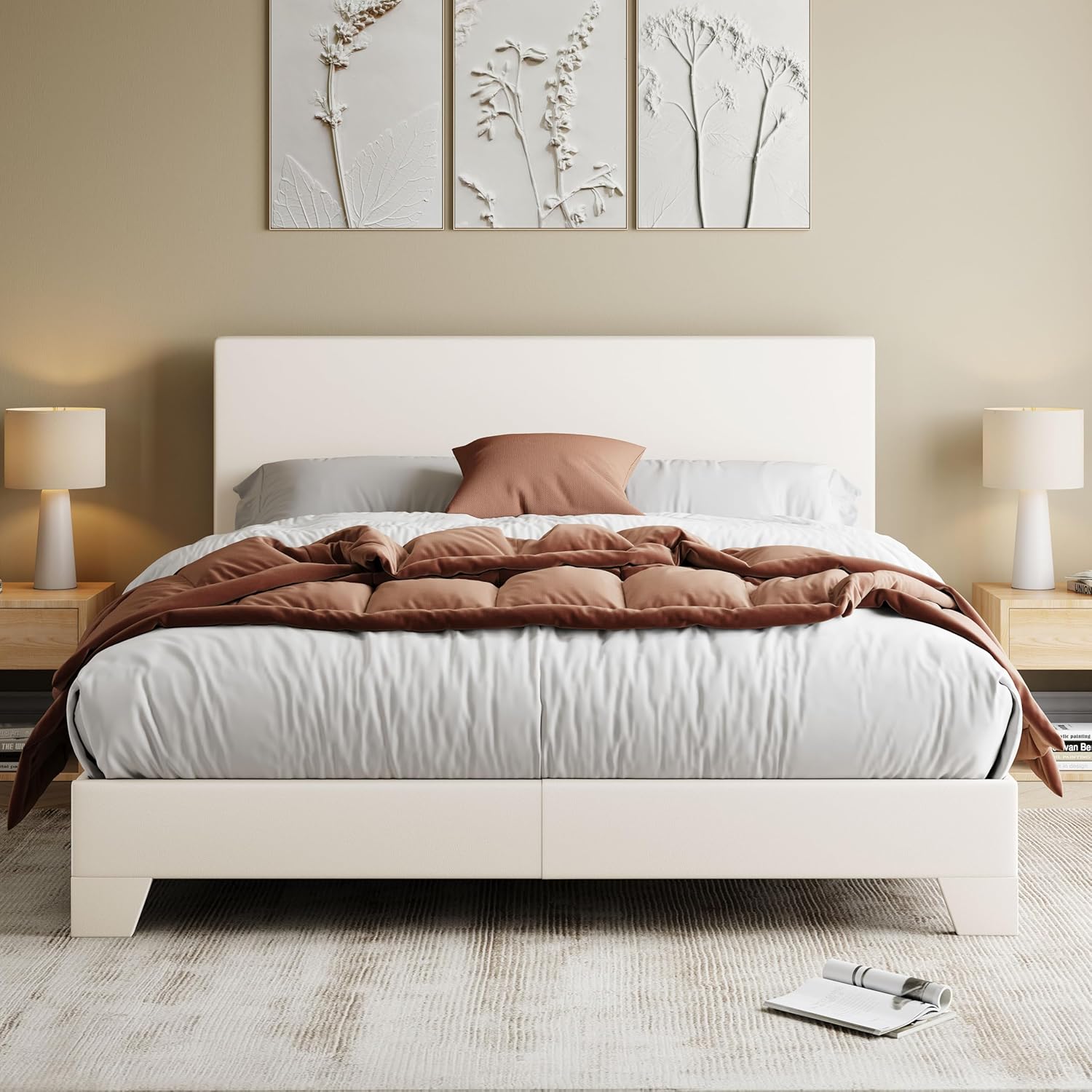 Allewie Queen Size Bed Frame with Adjustable Headboard, Faux Leather Platform Be...