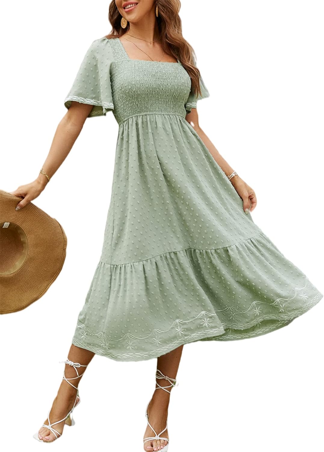 Glamaker Women's Short Sleeve Smocked Square Neck A Line Summer Flowy Maxi Long...