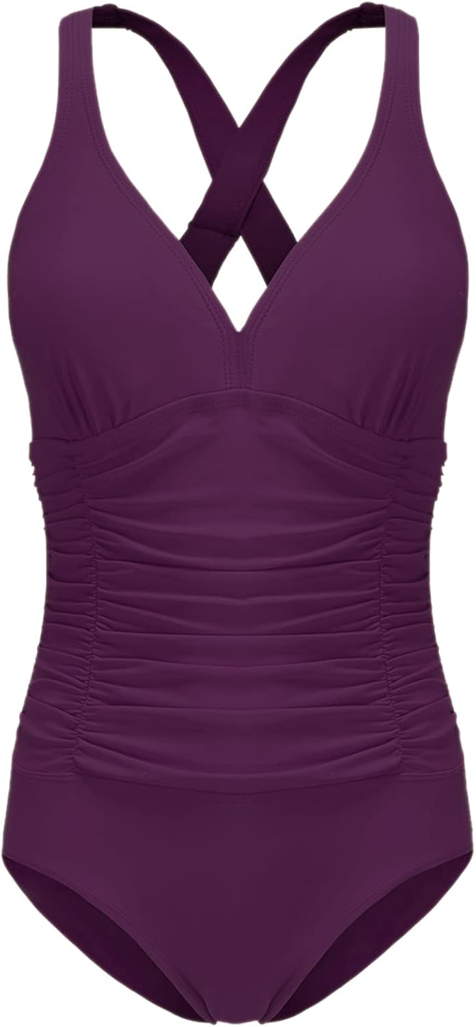 F FLYRONG Swimming Costume Women Ruched Tummy Control Swimwear V Neck One Piece...