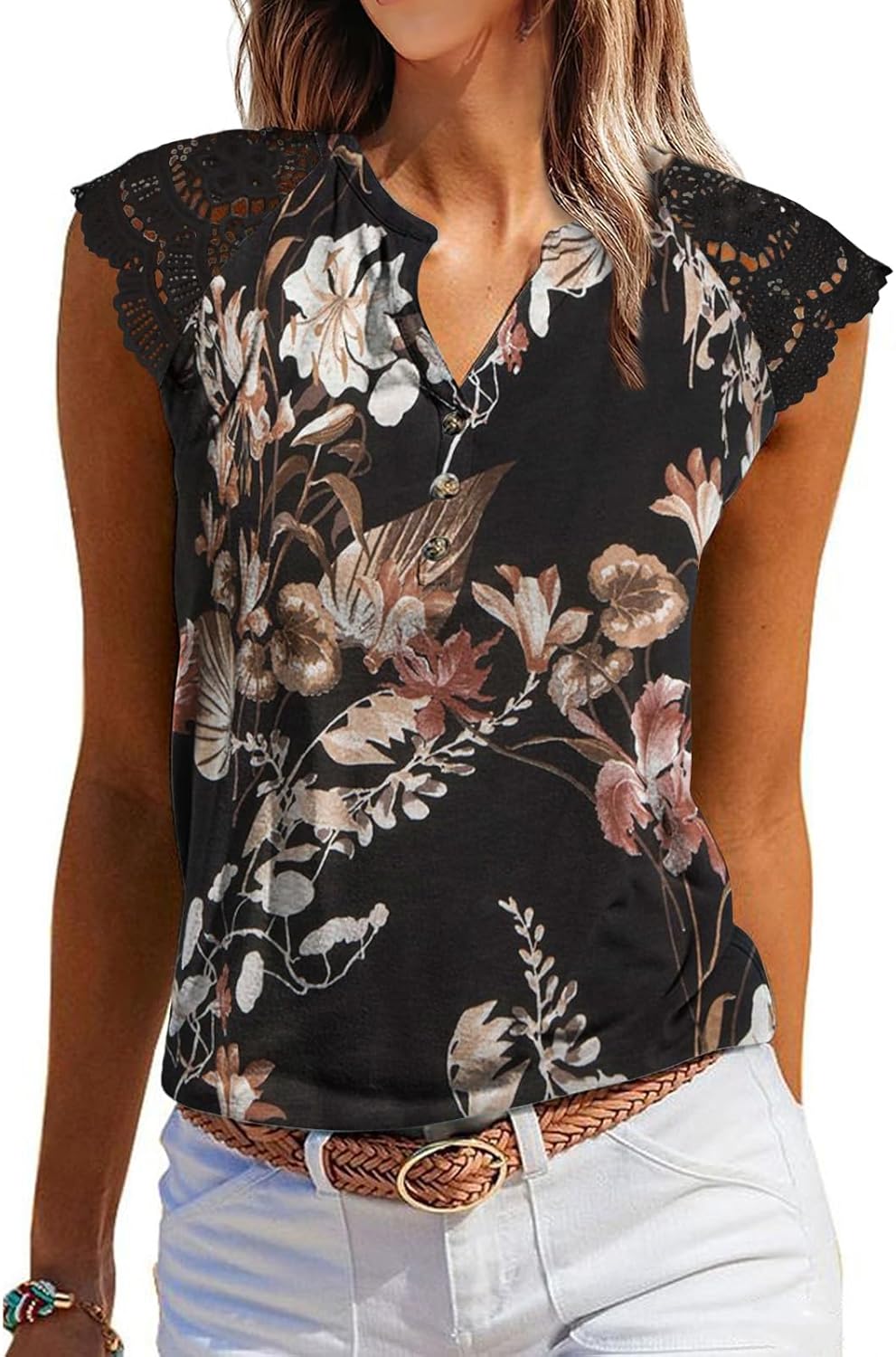 Women's Tank Tops, Special Lace Cap Sleeve, Stylish Button Down V Neck Summer Ca...