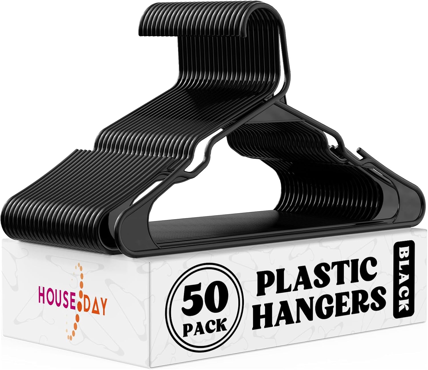 HOUSE DAY Plastic Hangers 50 Pack - Adult Clothes Hangers Black - Space Saving,...