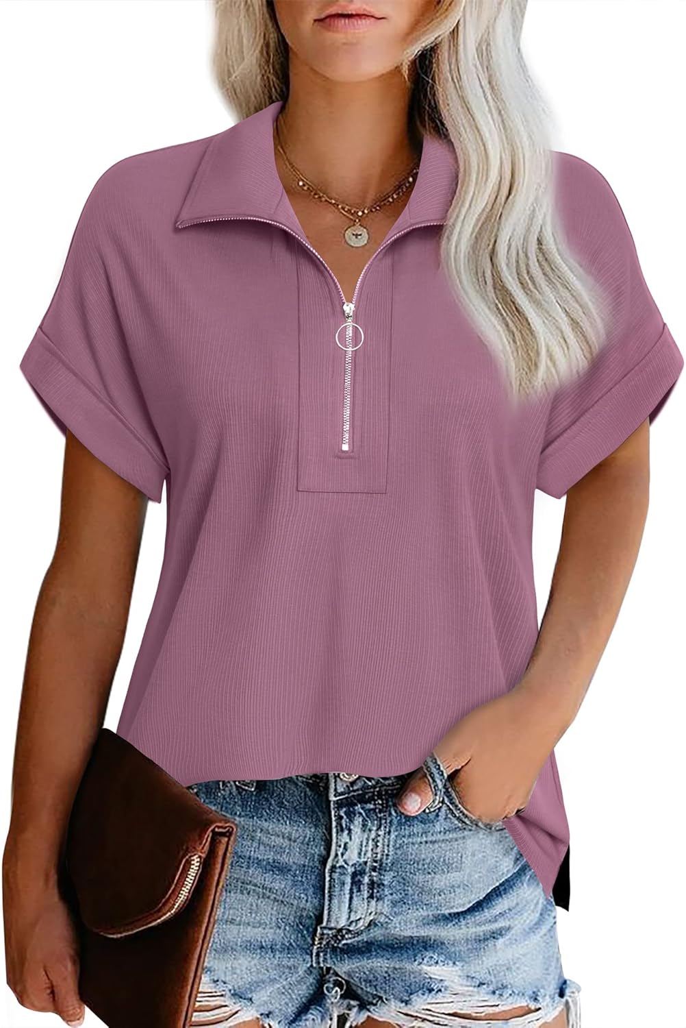 Vivilli Women's Short Sleeve Tops and Blouses Zipper Collar V Neck Business Casu...