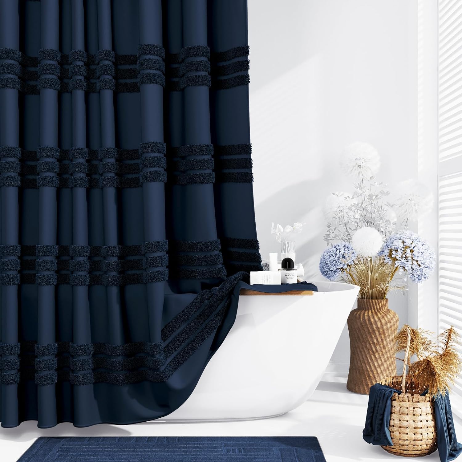 Dynamene Navy Blue Fabric Shower Curtain, Special Tufted Chenille Striped Textur...