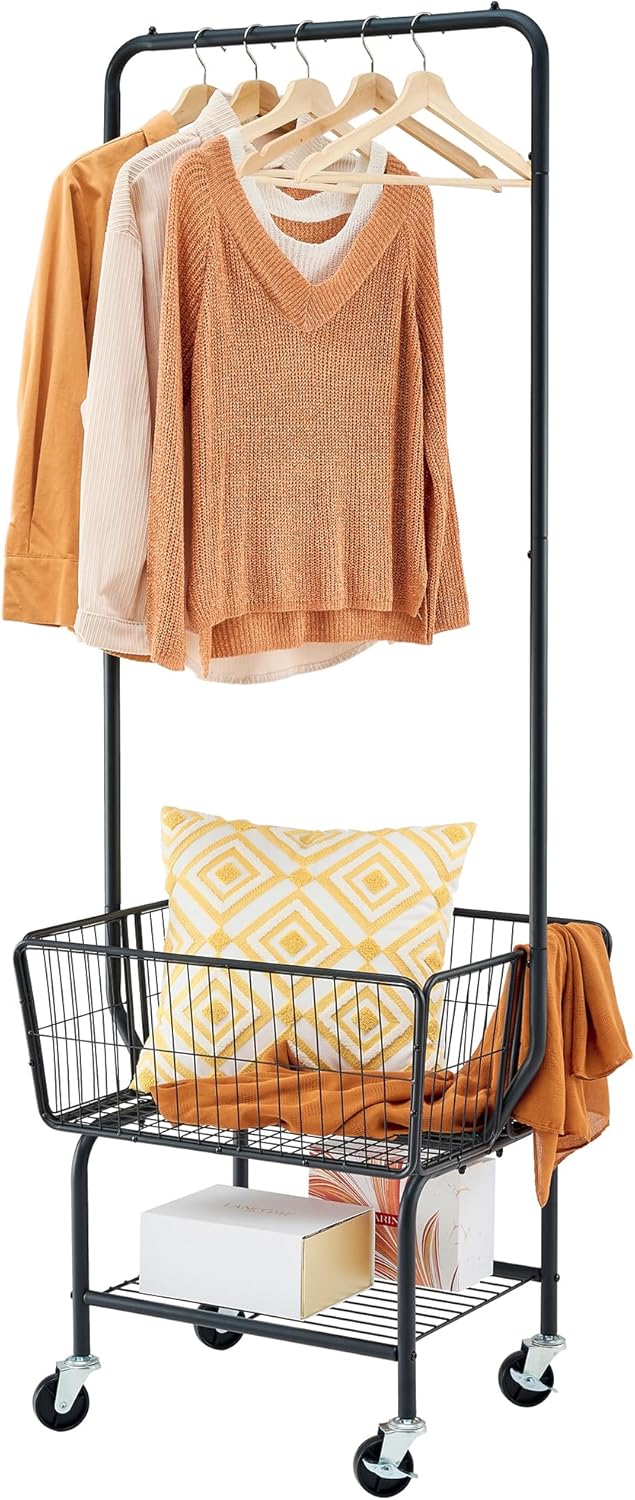 Tajsoon Laundry Cart with Hanging Rack, Metal Laundry Basket with Wheels, Laundr...