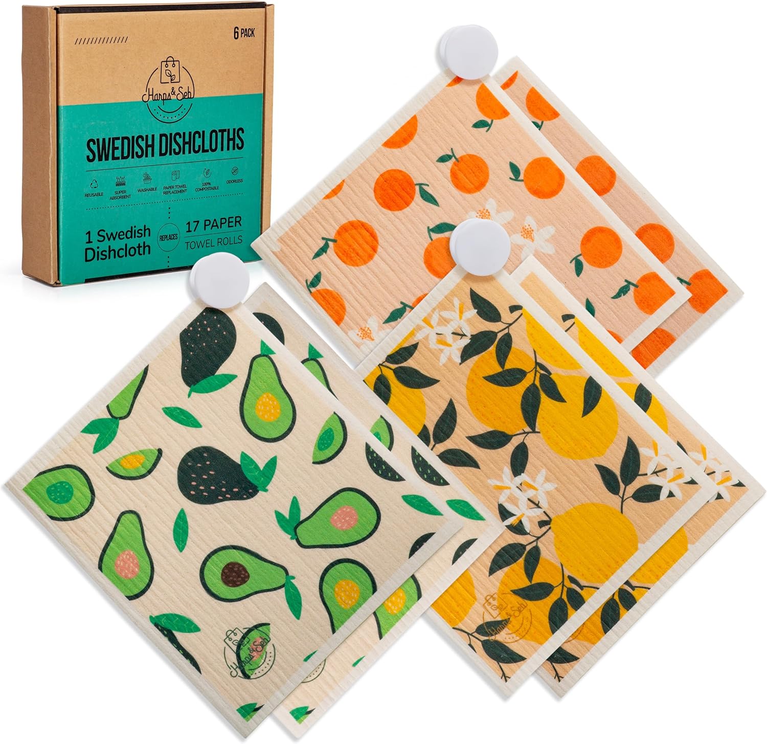 Harps&Seb Swedish Dishcloths for Kitchen Dish Towels - 6 Pack, Reusable Paper To...
