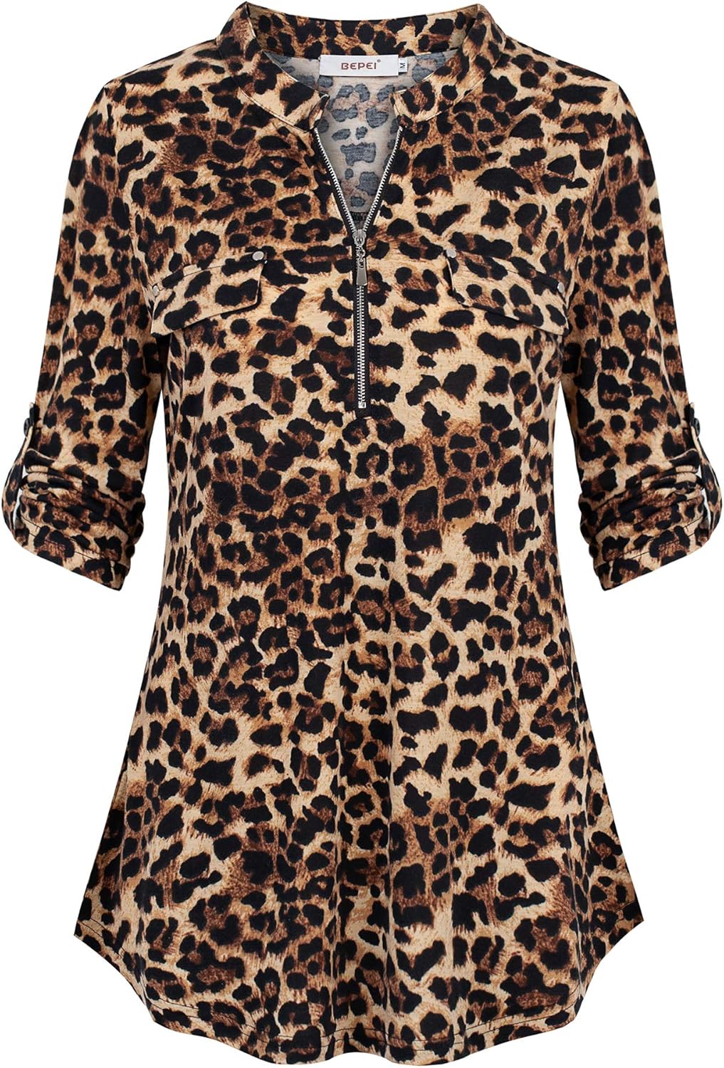 BEPEI Womens Floral 3/4 Sleeve Shirts Zip up V Neck Work Chiffon Blouses Top XX-...