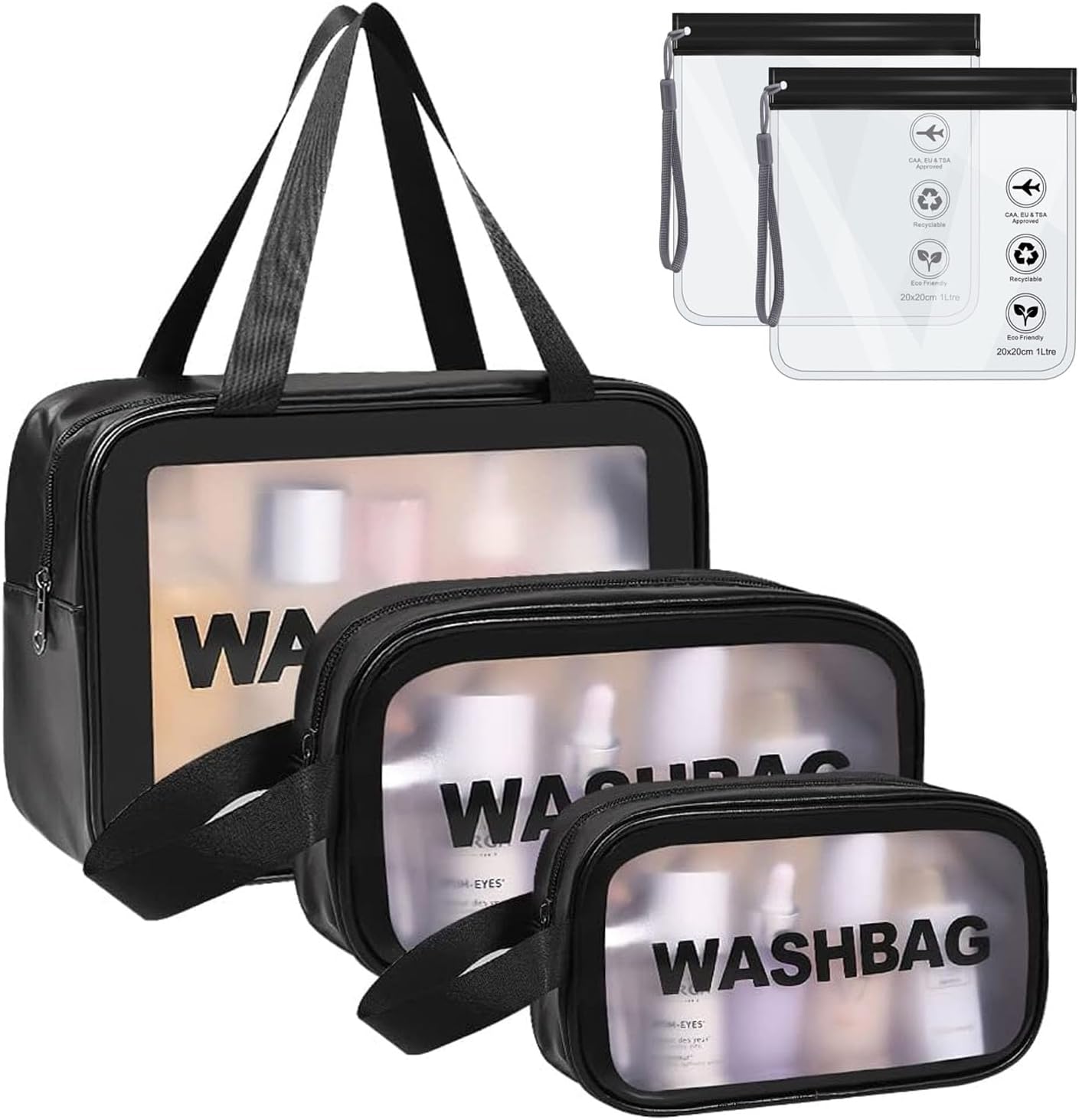 WUBAYI 5Pcs Clear Toiletry Bag, Waterproof PU Makeup Bag with Zipper Handle, Por...