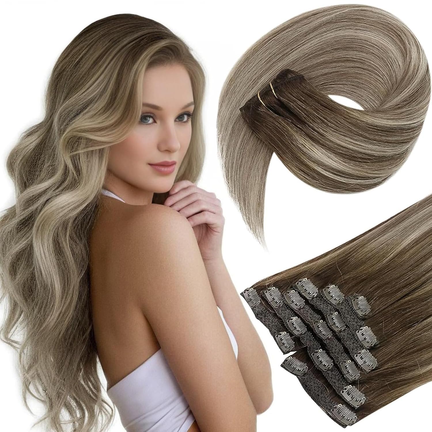 Sunny Brown Clip in Hair Extensions Real Human Hair Invisible Clip in Extensions...
