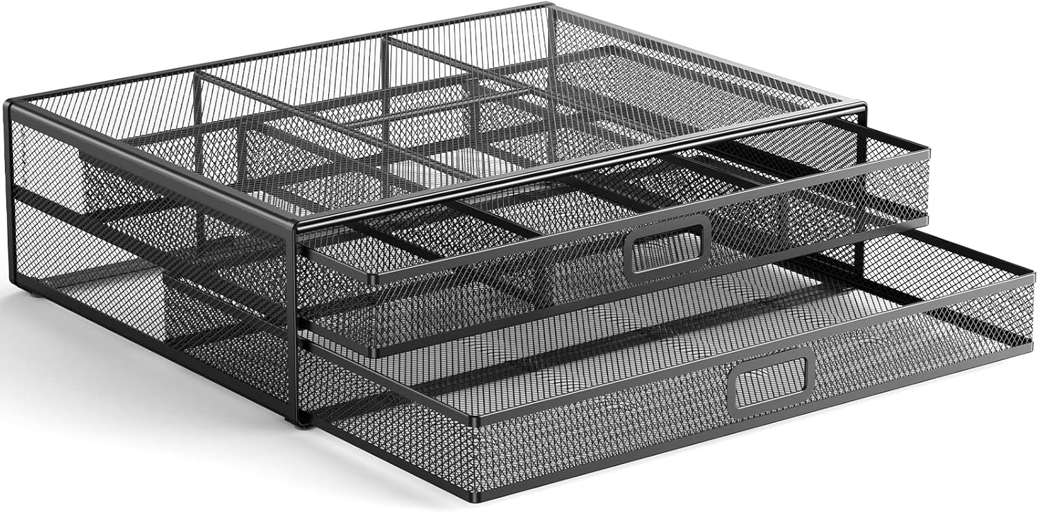 HUANUO Monitor Stand with 2 Storage Drawers - Metal Mesh Desk Organisers, Suppor...