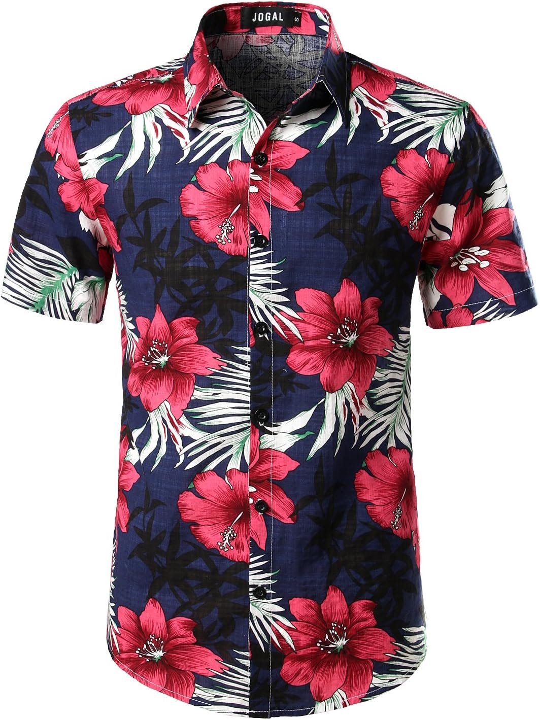 JOGAL Mens Flowers Casual Aloha Hawaiian Shirt L Navy