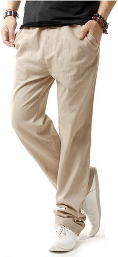 Hoerev Men Casual Beach Trousers Linen Trousers Pants M Beige