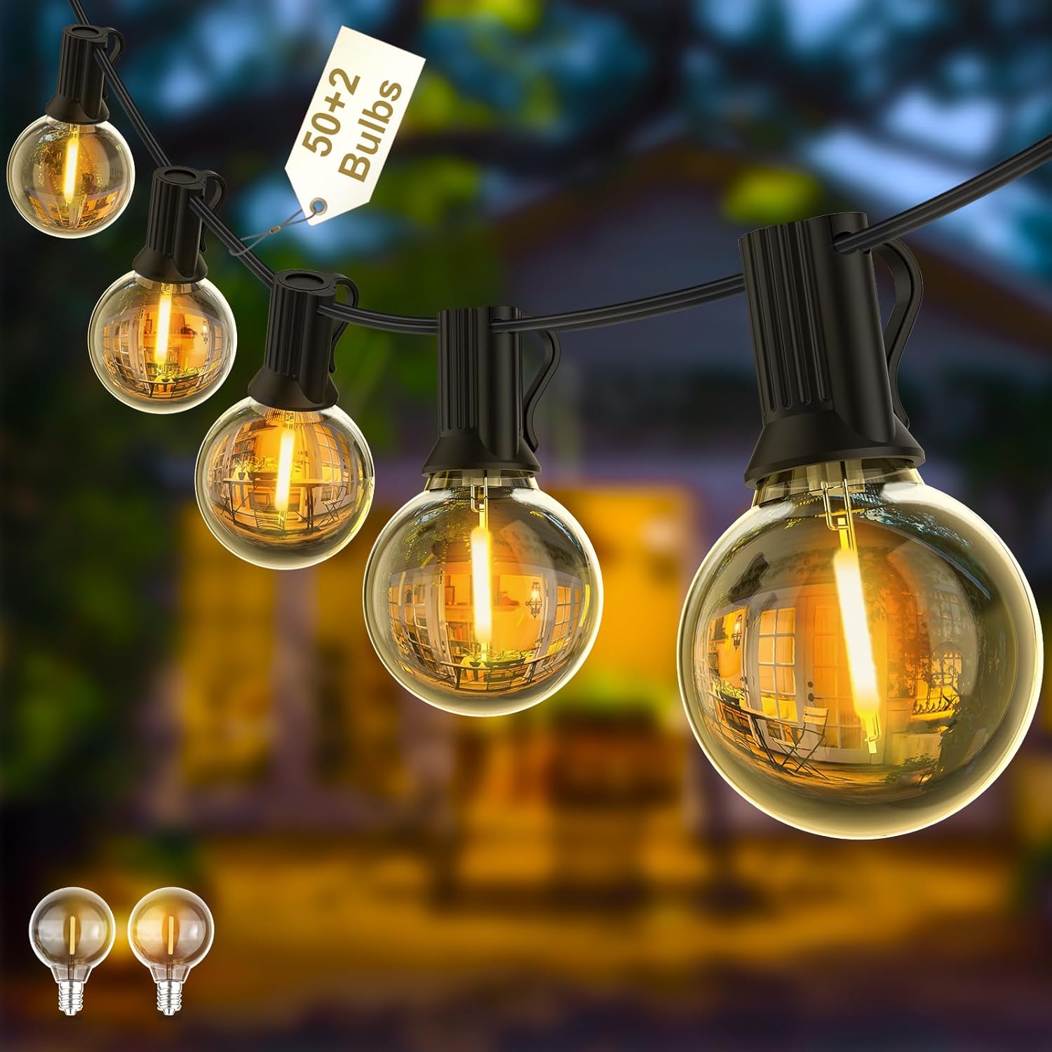Yuusei Outdoor String Lights Mains Powered, 100Ft LED Festoon Lights with 50+2 S...