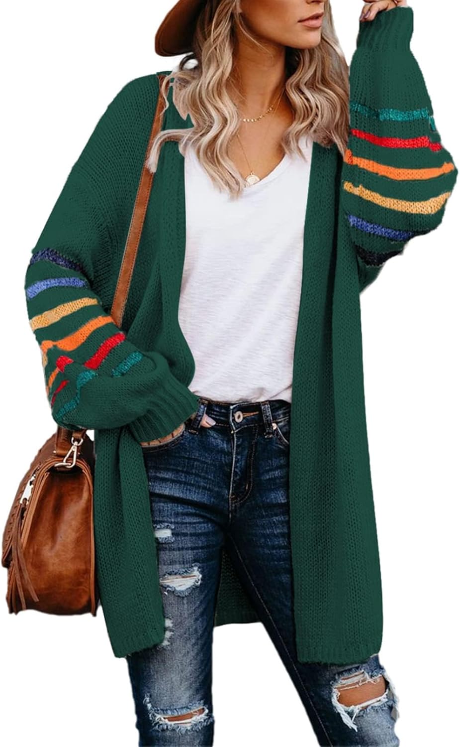 AlvaQ Women's Cardigans Long Sleeve Open Front Rainbow Striped Color Block Loose...
