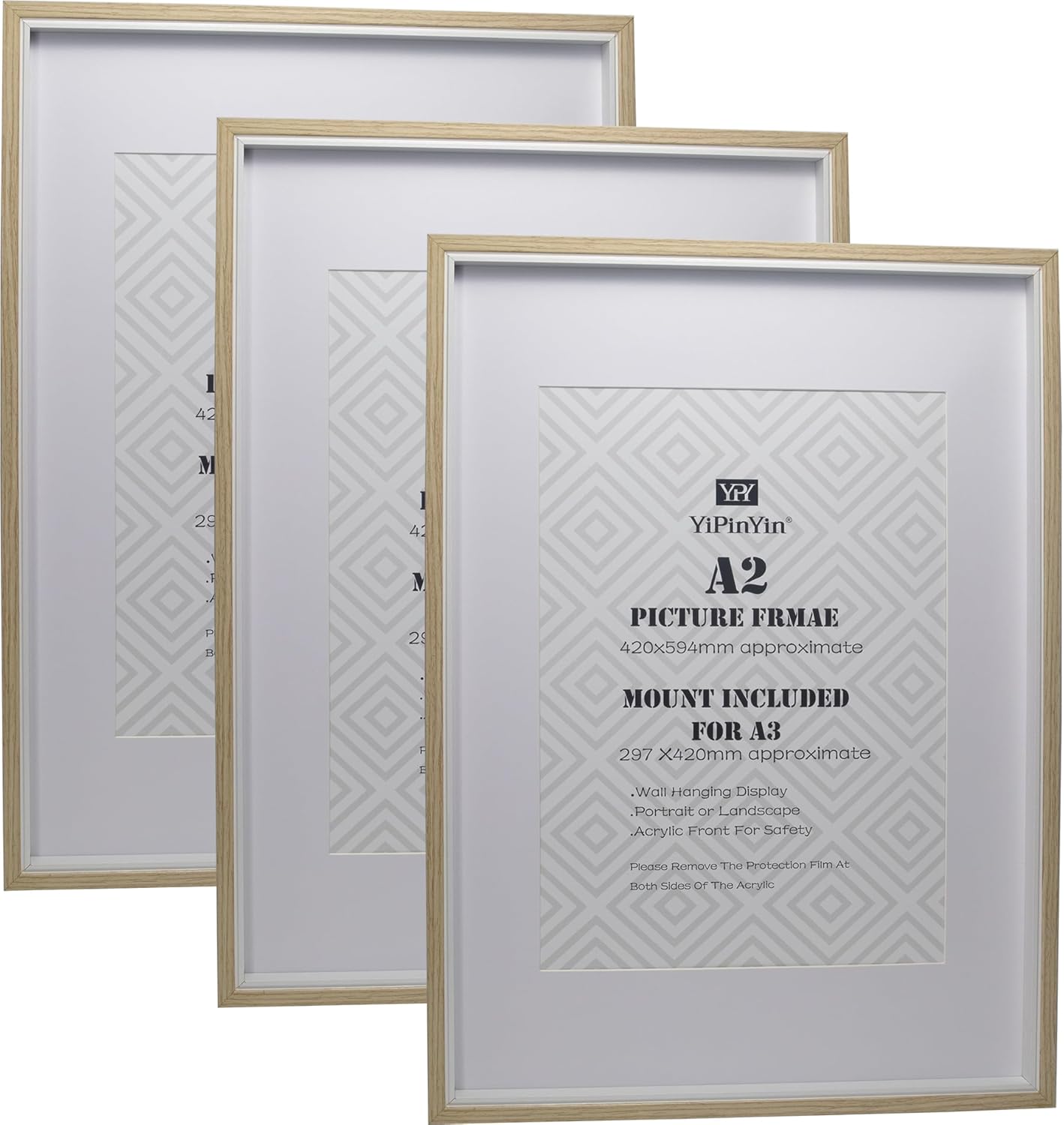 Wooden&White A2(42x59.4cm) Two Tone Picture Frames Set of 3 with Mounts for A3(2...