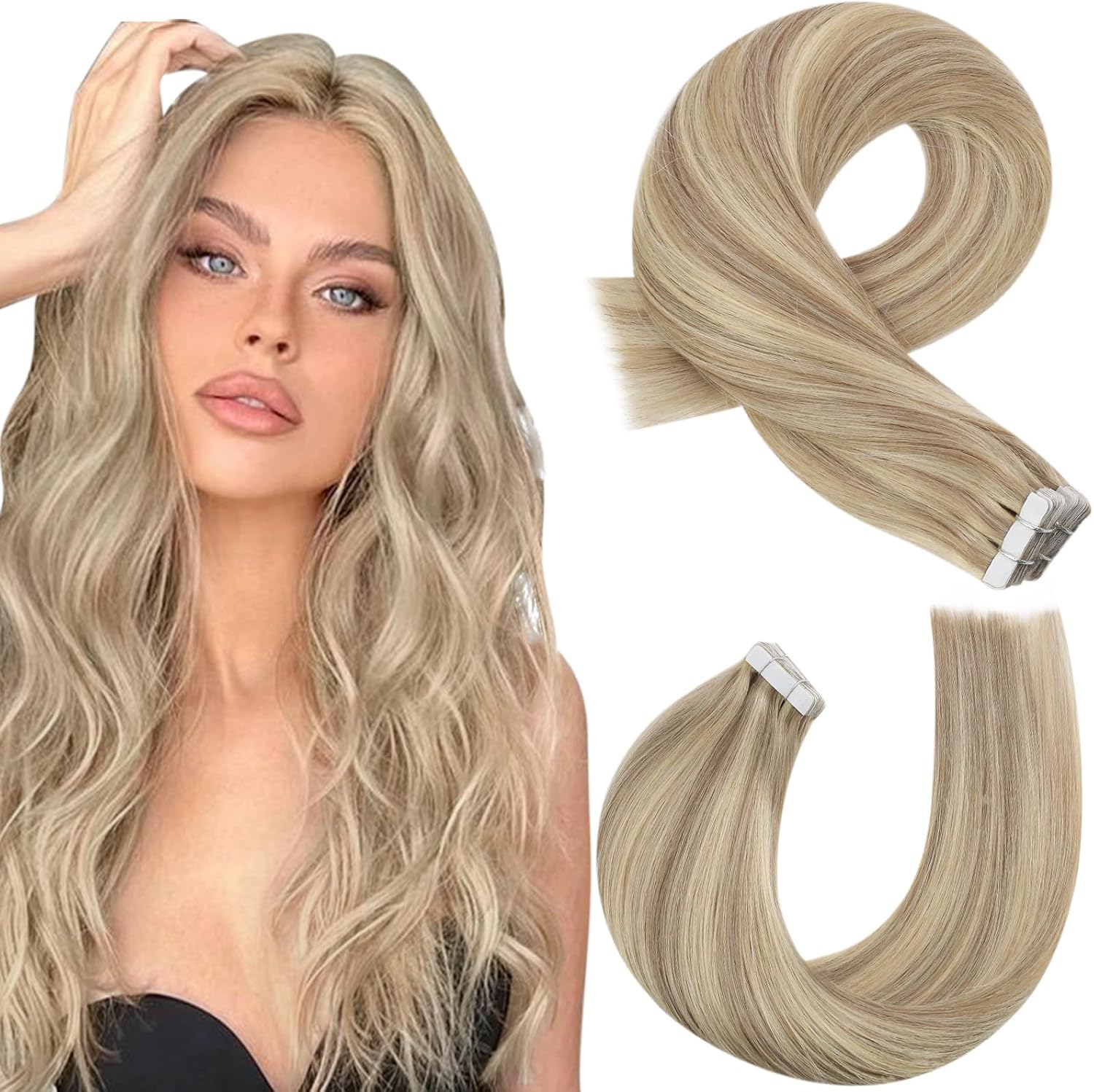 Moresoo Human Hair Extensions, Special Tape in Dark Honey Blonde with Medium Blo...