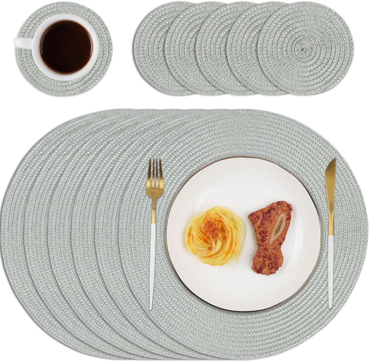 Homcomodar Round Placemats and Coasters Set of 6 Braided Woven Table Place Mats...