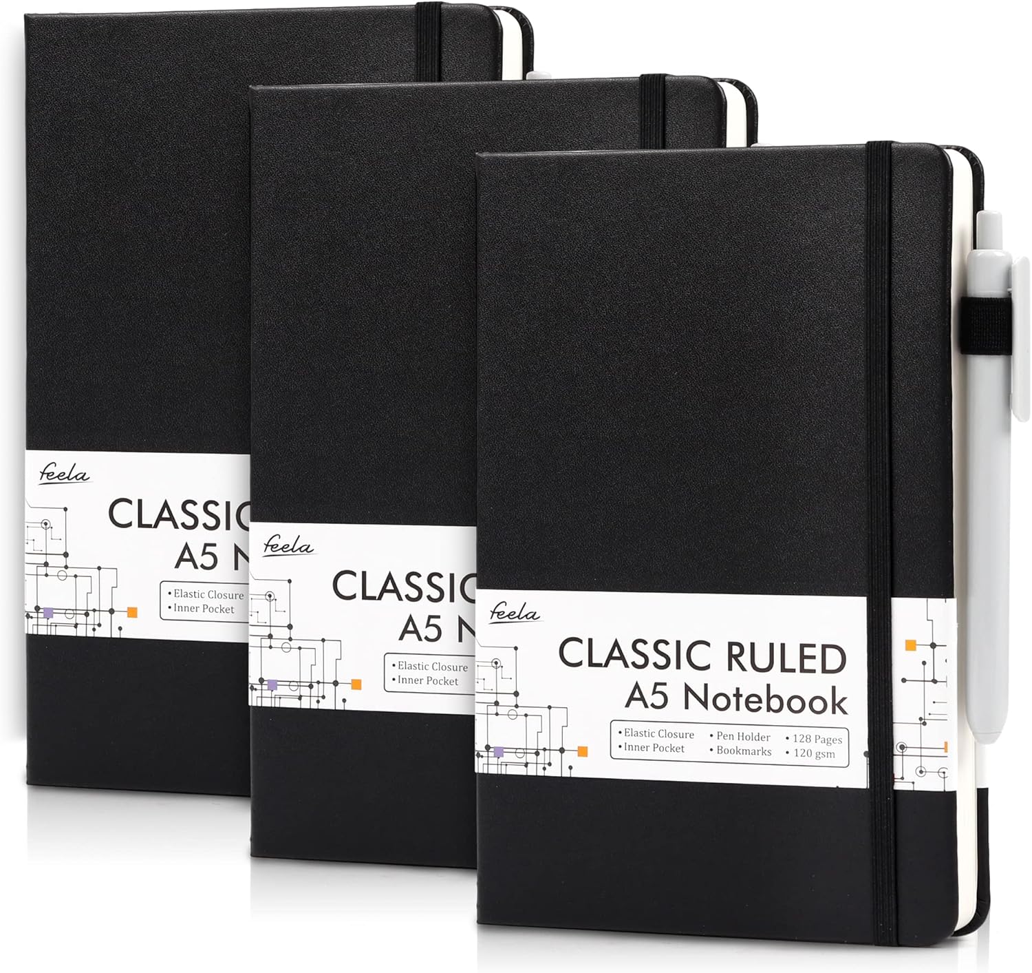 feela A5 Notebooks Multipack, 3 Pack Ruled Lined Notepads A5 (120 GSM), Hardback...