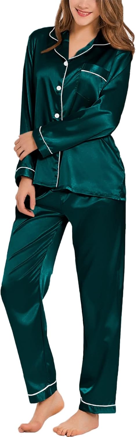 SWOMOG Women's Pyjama Set, Special Silk Satin Long Sleeve Button Down Pyjamas, I...